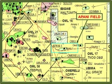Map locating Apani Field among neighbouring licences