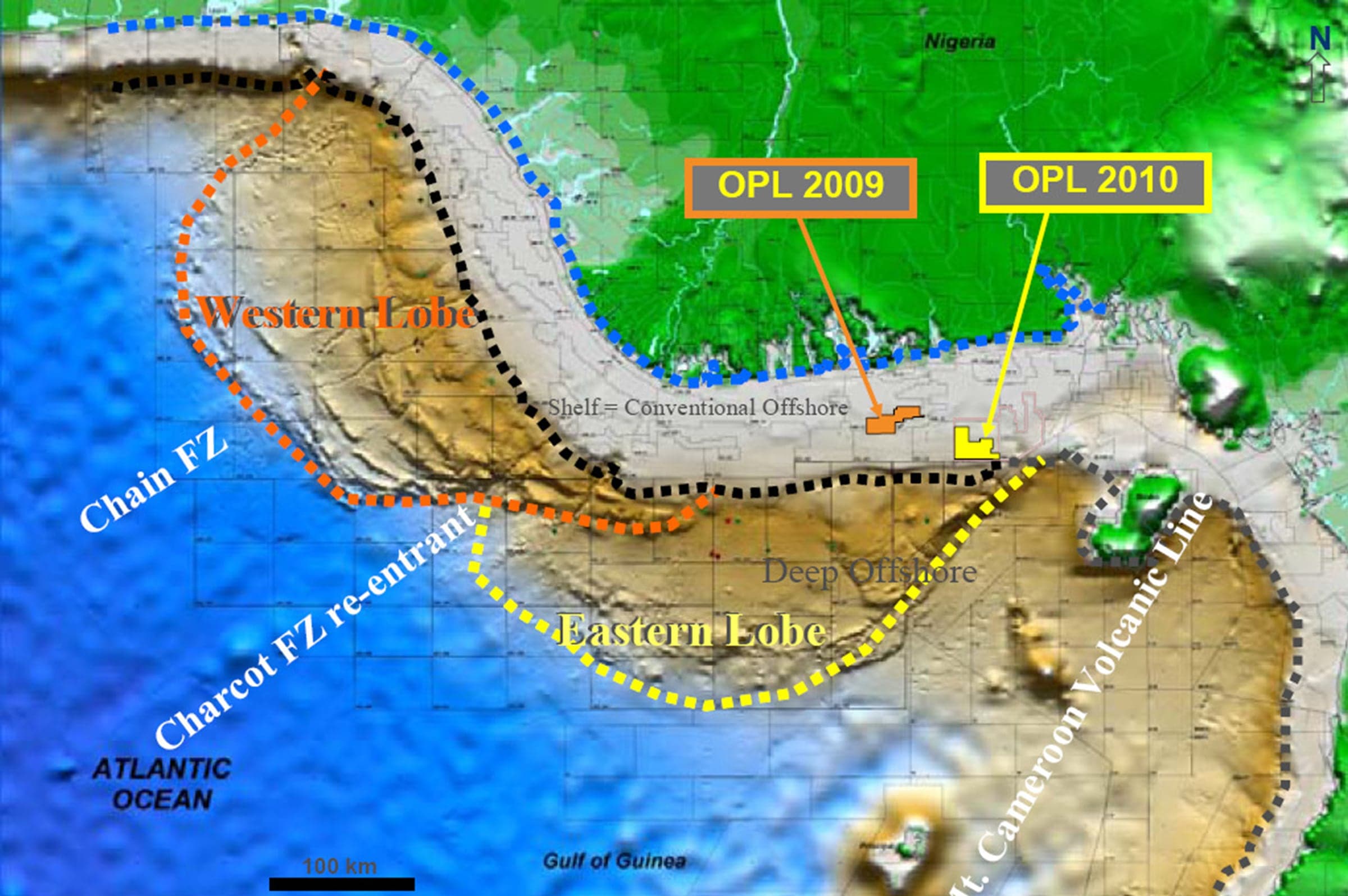Map of the Niger Delta offshore showing OPL 2010 on the shelf